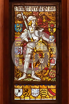 Haut-Koenigsbourg castle colourful stained glass with knight photo